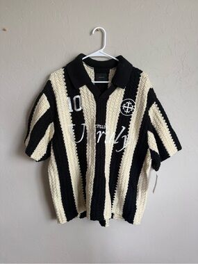 NWT Pacsun Men's Black and Cream Striped crochet jersey shirt.